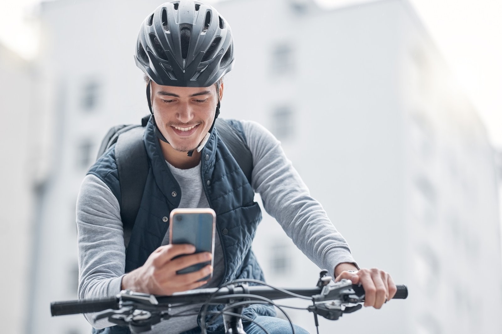 Search, bike or man travel with phone in London city, street or road for GPS, location or networkin